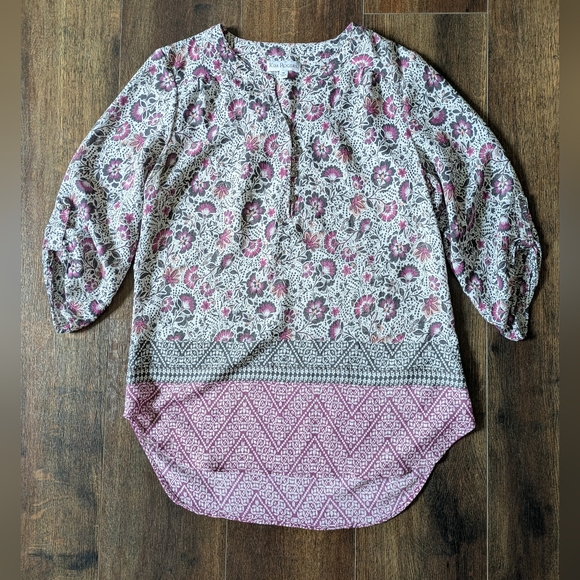 Boho Tunic Popover Floral Artsy 3/4 Sleeve Casual Womens Medium Relaxed Roll Tab - Picture 3 of 10